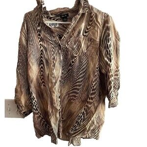 Vtg Zoe D. Animal Print 100% Linen Button Front Blouse Large Brown Classic Work